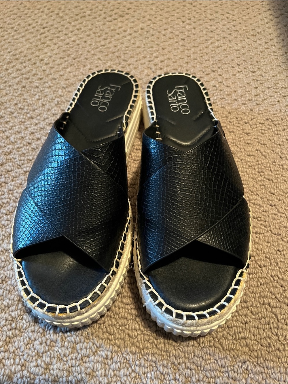 Franco Sarto Black Crisscross Textured Leather Espadrille Slides with White Trim